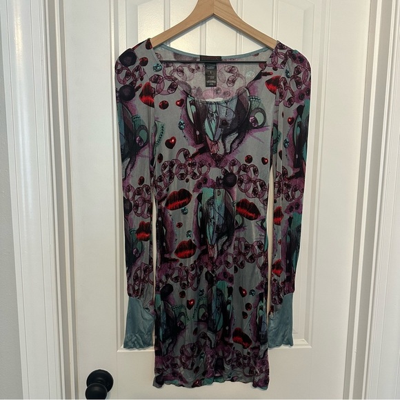 Custo Barcelona Long Sleeve Mini Dress Bodycon Graphic Y2K Size 1 Extra Small - Picture 3 of 7
